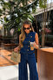 Gold buttoned dominant collar denim vest and wide leg trouser set 10362 - 4
