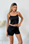 Women's suspender covered shorts pajama set black - 3403 - 3