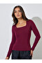 Burgundy Solid Square Neck Long Sleeves Knit Top - 3