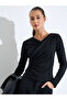 Black Solid Side Gathered Wrap Knitted Top