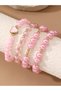 Pack of 4 - Girls Dark Pink Pearl and Heart Charm Bracelets - 2