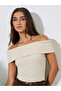 Beige Solid Off-Shoulder Ribbed Knit Top