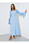 Blue Solid Square Neck Balloon Sleeves A-Line Maxi Dress - 3