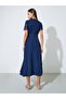 Navy Blue Lace and Button Details A-Line Midi Dress - 5