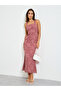 Pink Solid Lace Details Square Neck Midi Dress