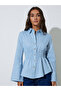Light Blue Long Sleeves Shirred Waist Denim Shirt - 3