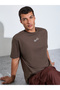 Brown Embroidery and Print Crew Neck Oversized T-Shirt