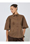 Brown Solid Puff Sleeves Peplum Shirt with Gathered Details - 3