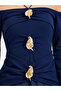 Navy Blue Embellished A-Line Midi Dress with Off-Shoulder Long Sleeves - 4