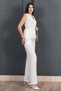 Women's Summer Ecru Shoulder Gathered Elastic Waist V-Neck Blouse and Front Slit Elastic Waist Pocketed Trousers Set 1249 - 2
