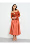 Orange Embellished A-Line Midi Dress with Off-Shoulder Long Sleeves