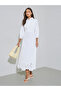 White Solid Schiffli Details 3/4 Sleeves A-Line Maxi Dress - 2