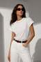 Women's Ecru Viscose Short Sleeve Blouse with Pearl Accessories - 2