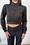 Women's High Collar Half Zipper Long Sleeve Sweatshirt Black - 2534 - 2