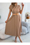 Beige Pleated A-Line Midi Dress - 6
