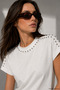 Women's Ecru Viscose Short Sleeve Blouse with Pearl Accessories - 5