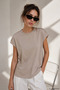 Women's Light Brown Viscose Short Sleeve Blouse with Pearl Accessories - 4