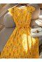 Yellow Floral A-Line Midi Dress with Short Sleeves - 6