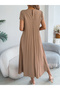 Beige Pleated A-Line Midi Dress - 3