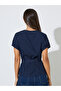 Dark Blue Solid Tie-Up Waist Cap Sleeves Blouse - 4