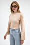 Women's Basic Wide Sleeve Beige Crop Blouse - 6
