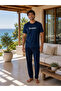 Men's Short Sleeve, Long Bottom, Crew Neck, Letter-Printed, 100% Cotton Pajama Set - 3