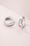 Women's Silver Color Zircon Stone Double Row Hoop Earrings - 3
