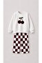 Girl's Top Cherry Embroidery Printed Bottom Checkerboard Patterned 3 Thread Fabric Bottom Top Tracksuit Set - 3