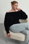 Women's Soft Plush Look Boat Neck Asymmetrical Cut Knitwear Sweater - 4