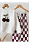 Girl's Top Cherry Embroidery Printed Bottom Checkerboard Patterned 3 Thread Fabric Bottom Top Tracksuit Set - 4