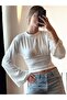 Women's White Long Sleeve Knitted Scuba Blouse with Drawstring Detail - 3