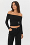Women's Black Madonna Collar Off-The-Shoulder Long Sleeve Slim Fit Blouse