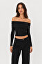 Women's Black Madonna Collar Off-The-Shoulder Long Sleeve Slim Fit Blouse - 2
