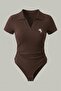 Brown Polo Ribbed Y2K Snap Fastener Bodysuit