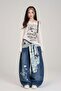 Navy Blue Vintage Scarf Rabbit Print Baggy Pants - 3