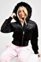 Black Juicy Plush Hooded Inflatable Crop Coat with Elastic Waist - 2