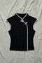Black Mandarin Collar White Striped Qipao Y2K Short Sleeve Cropped