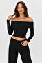 Women's Black Madonna Collar Off-The-Shoulder Long Sleeve Slim Fit Blouse - 7