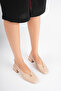 Women's Beige 4 cm Thick Short Heeled Open Back Shoes with Gold Detail - 5