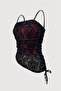 Burgundy Transparent Lace Patterned Gothic Y2K Strappy Crop - 2