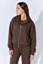 Women's Brown Hooded Zippered Kangaroo Pocket Sweatshirt - 3