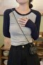 Navy Blue Raglan Sleeves Gray Melange Basic Y2K Long Sleeves Cropped - 3