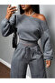 Women's Anthracite Boat Neck Sweatshirt with Stitching Detail Top and Bottom Set - 3