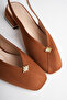 Women's Tan Suede 4 cm Thick Short Heeled Open Back Shoes with Gold Detail - 6
