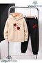 Ladybug Printed Hooded Thick Cotton Inside Sweatpants with Pockets Children's Sweatshirt and Sweatpants Set