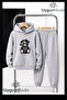 Black Bear Printed Hooded Thick Cotton Inside Padding Tracksuit with Pockets Children's Top and Bottom Tracksuit Set