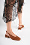 Women's Tan Suede 4 cm Thick Short Heeled Open Back Shoes with Gold Detail - 3