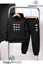 9Small Heart Printed Hooded Thick Cotton Inside Tracksuit with Pockets Children's Bottom and Top Tracksuit Set