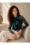 Women's Black Green Leaf Patterned Long Sleeve Gathered Detailed Lined Tulle Blouse - 4