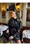 Women's Leather Cape Short Trench Coat Double-Breasted Belted Jacket - 3